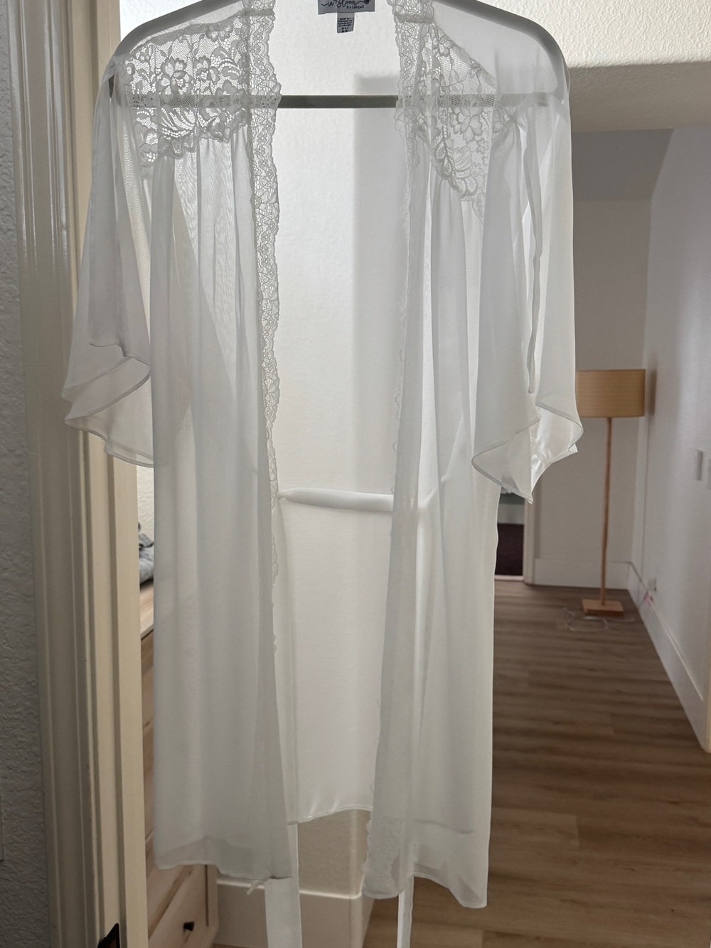 Sheer Lace-Trim White Robe with Tie Waist